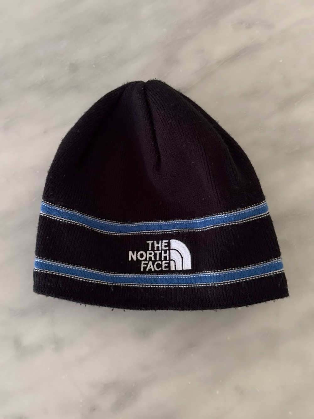 The North Face Beanie Black Knit Hat Logo Youth M Winter Ski Cap Blue Stripes